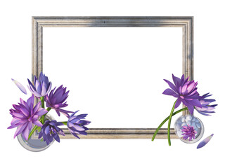3D render photo frame decorated with vases of flowers and plants on transparent background.