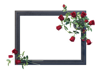 3D render photo frame decorated with vases of flowers and plants on transparent background.