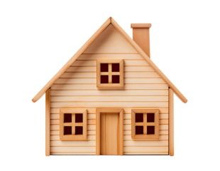 Toy wooden house isolated on transparent background, front view