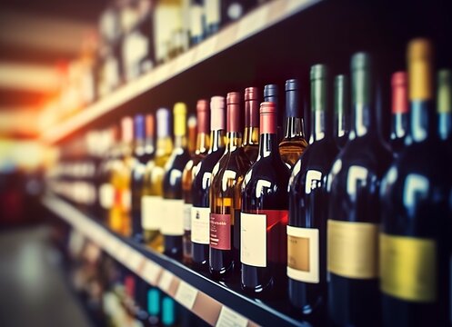 Abstract blur wine bottles on liquor alcohol shelves in supermarket store background.