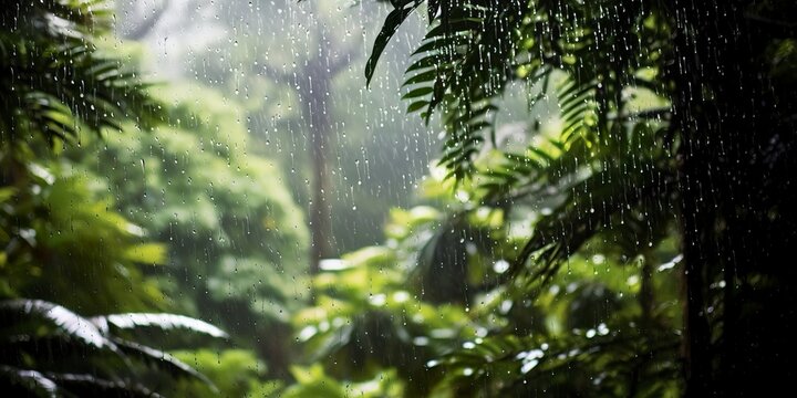 Rain falls in a rainforest with the rain drops. 