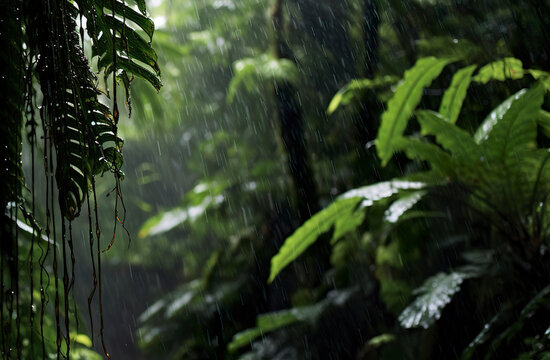 Rain falls in a rainforest with the rain drops. 