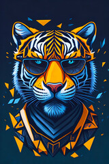 A detailed illustration of a tiger with trendy sunglasses with leaf, paint splash, and graffiti background for a t-shirt design and fashion