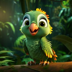 cute happy adorable parrot 3d character isolated on jungle background generative ai