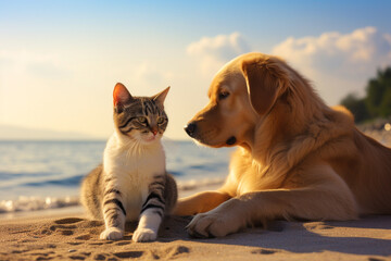 a cat and a dog on the beach