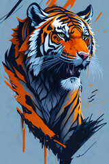 A detailed illustration of a tiger with leaf, paint splash, and graffiti background for a t-shirt design and fashion