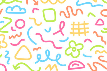 Fun colorful seamless pattern. Creative doodle abstract style art background for kids. Trendy texture design with contemporary basic shapes. Vector illustration