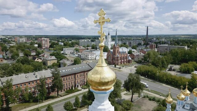 Close up of cross on Orthodox Cathedral of Saints Boris and Gleb in Daugavpils, Latvia