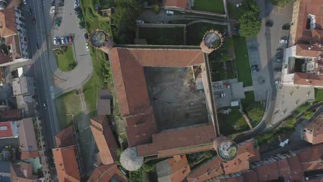Top down aerial view of Ivrea Castle in town square