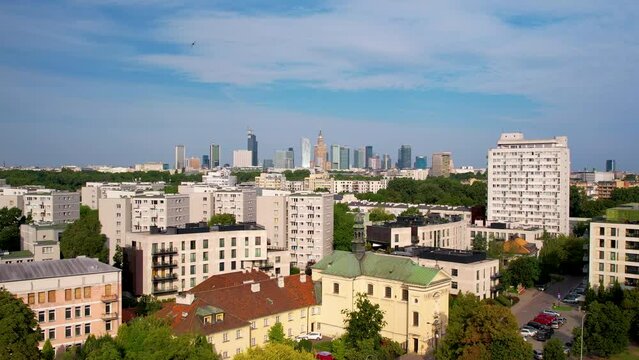 Residential neighborhood with apartments, Warsaw skyline aerial view