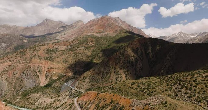 Panoramic Aerial View Of Mountain Range In Iskanderkul Lake, Sughd Province, Tajikistan, Central Asia.