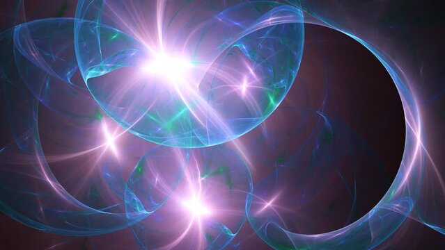 Abstract space motion of colorful round fractal shapes. Rays of light shining, emanating, circulating on dark backdrop. Overlapping of semi transparent circles. 4K UHD 4096x2304 ultra high definition