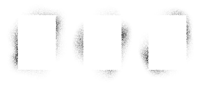 Set of rectangle frames with spray stencil effect. Grunge dotted squared border collection. Faded noise texture shape bundle. Black splattered elements for text box, banner, poster, template. Vector