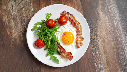 Sunny Side Up Eggs with crispy fried bacon, arugula and tomatoes on white plate on wooden table, view from above