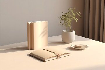 Fototapeta premium White book mockup with a plant decoration on a beige table