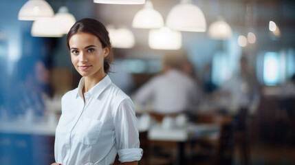 Stock photo of a restaurant with waitress on focus,  HD, Generative Ai
