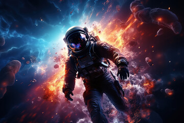 Effective action interstellar illustration. An astronaut in spacesuit in space, exploding galaxy and scattering meteor shower