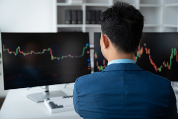 Businessman working with stock market investment using computer, tablet to analyze trading data. Stock market capitalization with stock market graphs on screen Markets financial stocks.