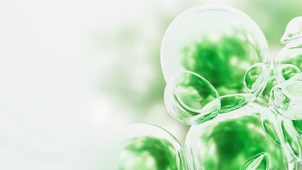 Tuinposter グリーンが反射する透明な泡の3Dレンダリング, クリーンでサステナブルなイメージコンセプト © AMONT