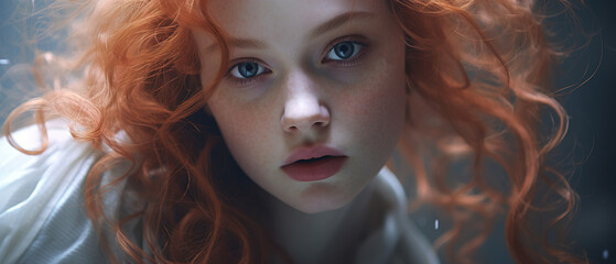 Portrait of feminine sensual redhead youth model with freckles looking at camera, closeup of female face of young woman banner. Skin care, cosmetology concept