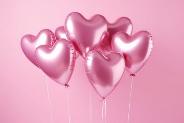 Fototapeta na wymiar Pink heart shaped helium balloons on pink background. Foil air balloons on pastel pink background. Minimal love concept. Valentine's Day or wedding party decoration. Generative AI