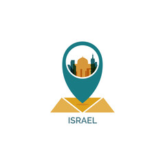 Israel map pin point geolocation, skyline shape vector logo, icon, isolated illustration. Tel Aviv, Jerusalem pointer emblem with landmarks