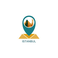 Turkey Istanbul map pin point geolocation modern skyline shape pointer vector logo icon isolated illustration. Turkish pointer emblem with landmarks and building silhouettes