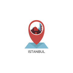 Turkey Istanbul map pin point geolocation modern skyline shape pointer vector logo icon isolated illustration. Turkish pointer emblem with landmarks and building silhouettes