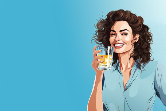 woman holding a glass of juice. girl with a glass in pin-up style. illustration. banner. place for text. bar advertisement  Cocktail. Soda. Office. Blue background 