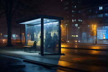 domestic bus stop at night, lights on city lights in the background, an illustration 