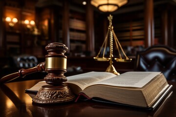 Wooden judge’s gavel and book on a table.  Law books and gavel