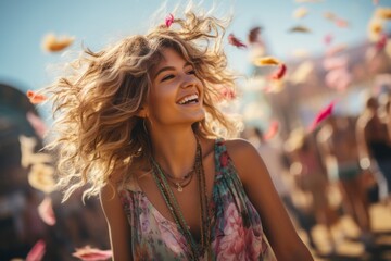 Naklejka premium Portrait of an happy young blonde woman having fun on a music festival. Party concept, summer festival