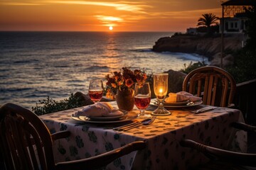 Romantic table for dinner next to sea with beautiful sunset. Sea lovers, love concept, romantic dinner.