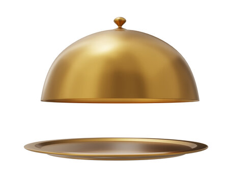 gold restaurant cloche tray lid food cover dish isolated on white background. gold restaurant cloche tray lid food cover dish isolated. gold restaurant cloche tray lid food cover dish 3d render