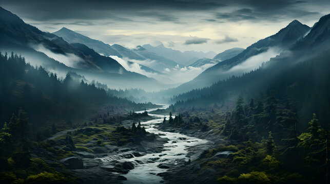 Morning valley with forest and fog view from up, mountains forest fog morning mystic
