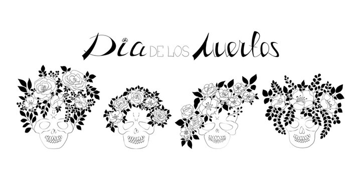 Set of hand drawn cartoon skulls with wreaths of doodle rose and anemone flowers with leaves on stems. La Catrina design for Day of the Dead, sugar skulls, Dia de los muertos lettering.