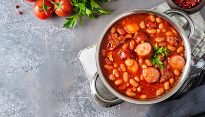 hearty beans stew with sausages, herbs and spices in tomato sauce in a metal casserole on a concrete table, fasolka po bretonsku, polish cuisine, view from above, flatllay, copy space