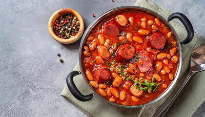 hearty beans stew with sausages, herbs and spices in tomato sauce in a metal casserole on a...