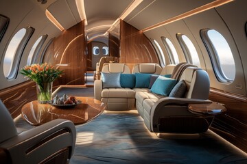 Luxury interior of a private jet, business trip, luxury life concept. Business jet interior
