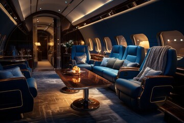 Luxury interior of a private jet, business trip, luxury life concept. Business jet interior