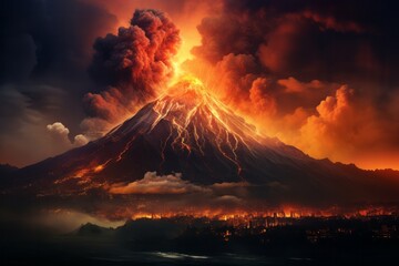 Fototapeta premium Mount volcano erupting, Molten lava or magma. Volcanic mountain in eruption