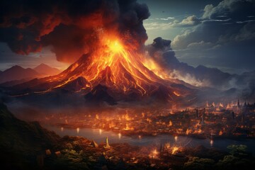Fototapeta premium Mount volcano erupting, Molten lava or magma. Volcanic mountain in eruption