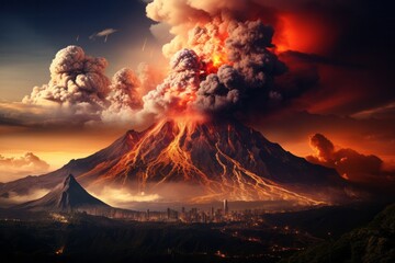 Fototapeta premium Mount volcano erupting, Molten lava or magma. Volcanic mountain in eruption