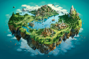 An unknown country/city that exists on an island floating in the sky. An ancient civilization that existed in a mysterious past but is now dead, a savage civilization nation, fantasy, RPG, concept. Fi