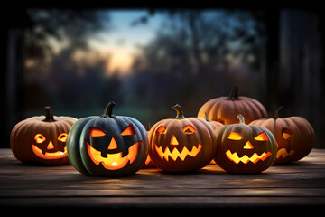 A group of halloween jack-o-lantern pumpkins sitting on top of a wooden table, lit up by the moonlight