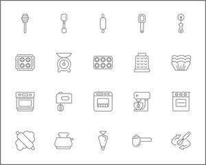 Simple Set of baking tool Related Vector Line Icons. Vector collection of kitchen utensils, equipment, apron, kitchenware, bakery, scales, dough, rolling pin, oven and design elements symbols.