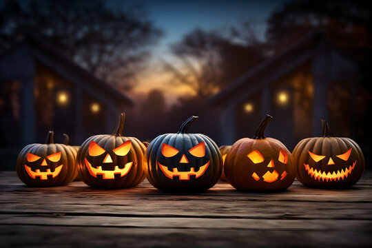 A group of halloween jack-o-lantern pumpkins sitting on top of a wooden table, lit up by the moonlight