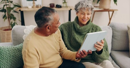 Tablet, relax and search with old couple on sofa for communication, streaming and happy. Social media, smile and retirement with senior man and woman in living room at home for technology and love - Powered by Adobe