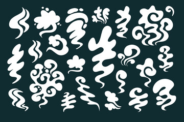 Smoke different shapes set. White cloud fog cigarette fire in cartoon style for game. Isolated flat