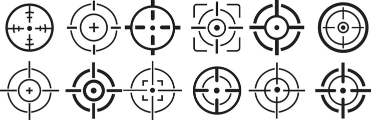 Target icons set sight sniper symbol isolated on a white background, crosshair and aim vector stylish for web design. Flat line design style modern Centricity icon.